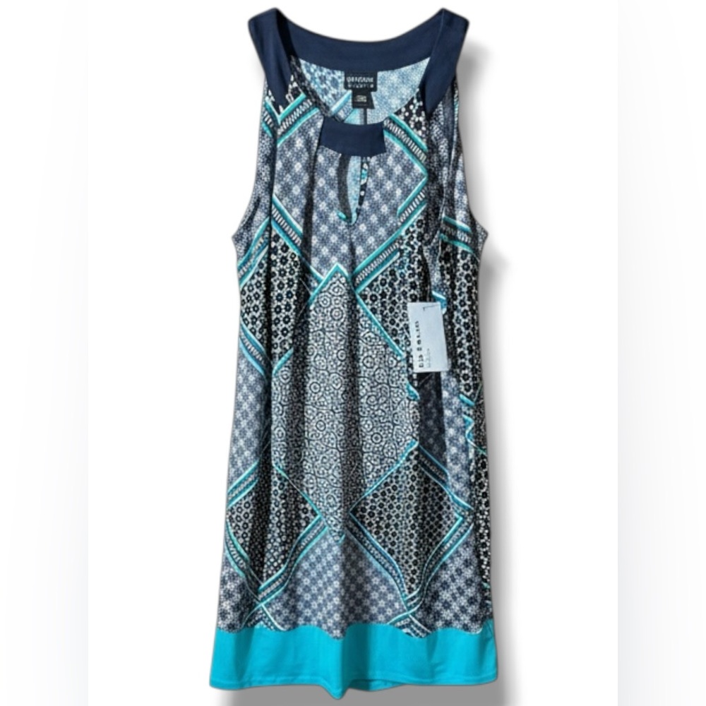 NWT Enfocus Studio Womens Key Hole Nec Blue Geometric Print Tank Dress